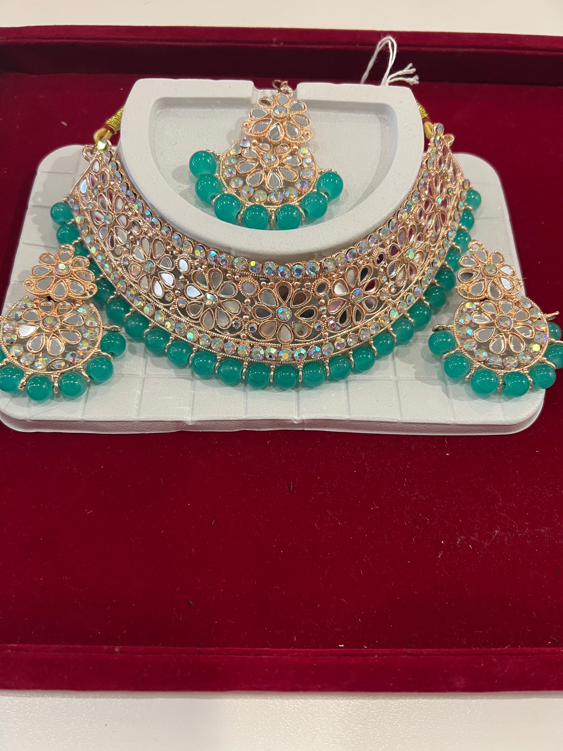 Fabulous White And Sky Blue Stones And Beads Gold Plated Choker With Maang Tikka And Earrings
