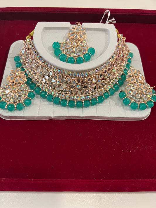 Fabulous White And Sky Blue Stones And Beads Gold Plated Choker With Maang Tikka And Earrings