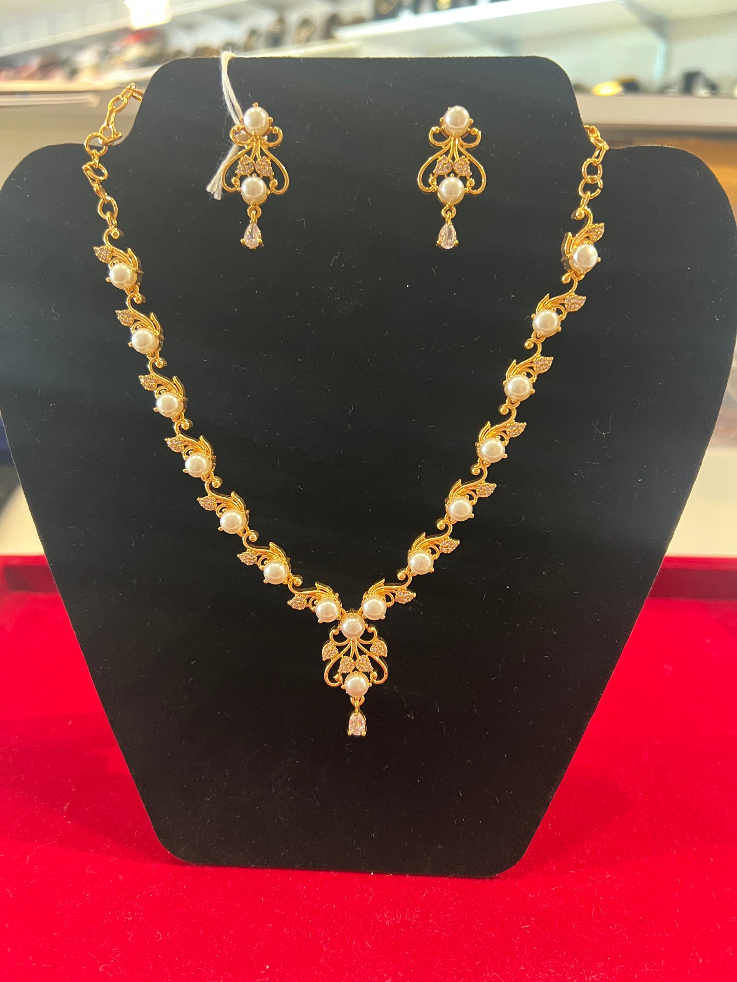 White Pearl Gold Plated Necklace With Earrings