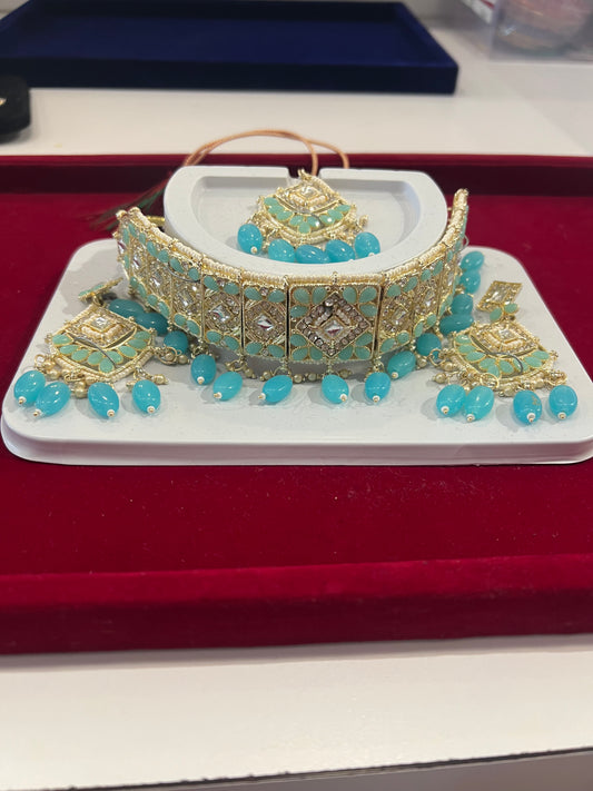 Fabulous Sky Blue Stones And Beads Gold Plated Choker With Maang Tikka And Earrings For Women