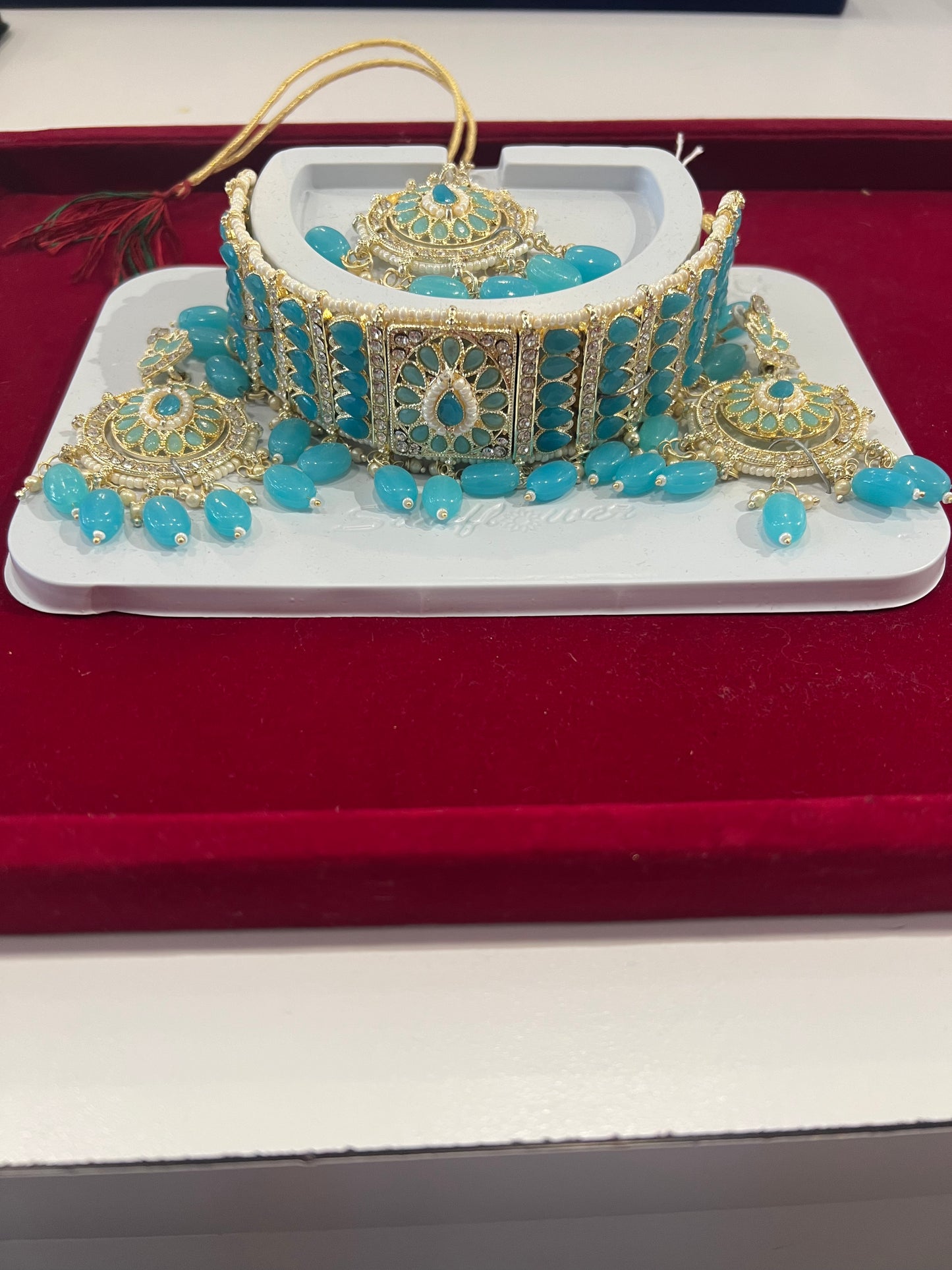 Beautiful Sky Blue Stones And Beads Gold Plated Choker With Maang Tikka And Earrings For Women