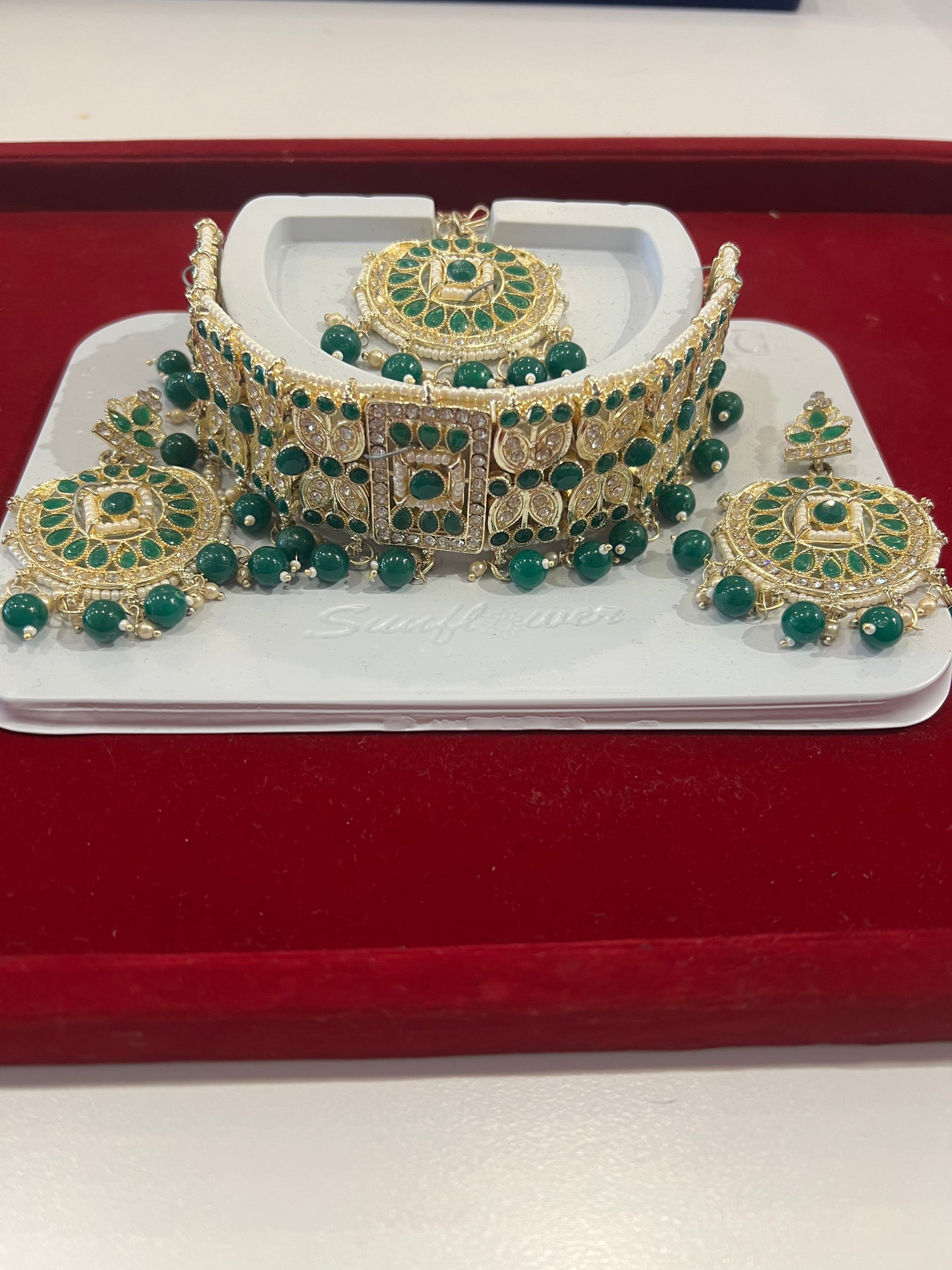 Attractive Green and White Stones Choker With Maang Tikka And Earrings For Women