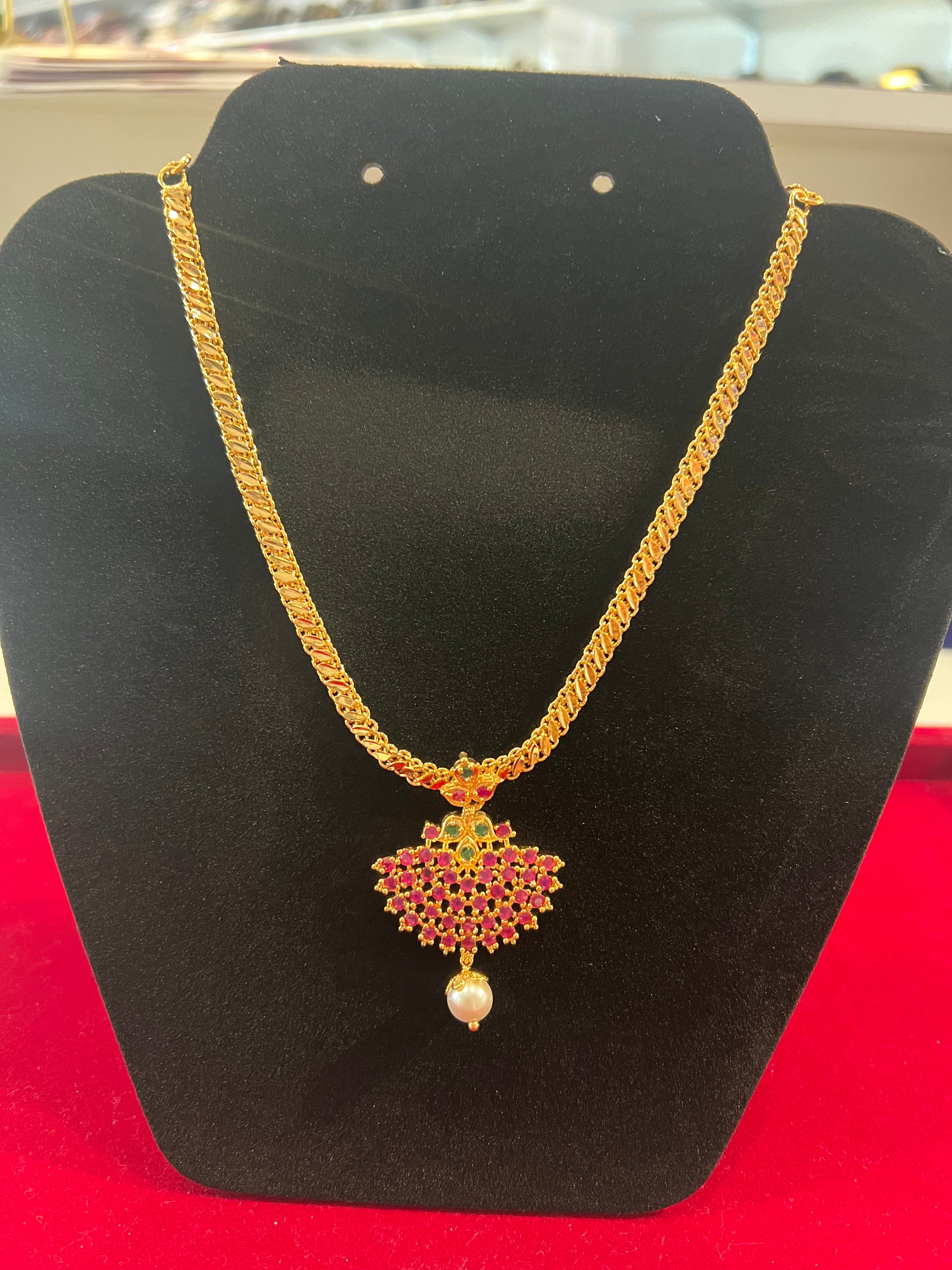 Attractive Red And Green Stones Gold Plated Necklace For Women
