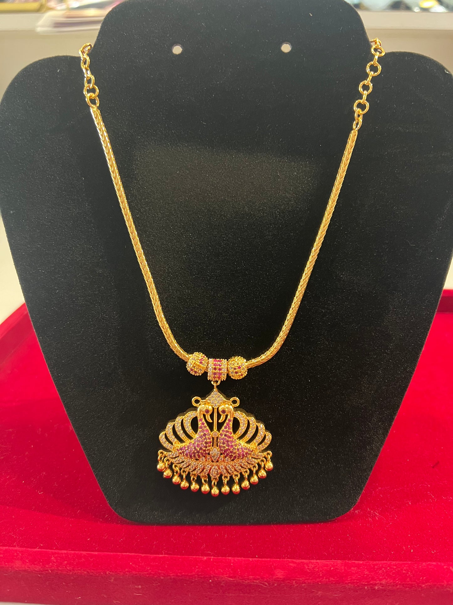 Stunning White and Red Stones Gold Plated Peacock Design Necklace For Women 