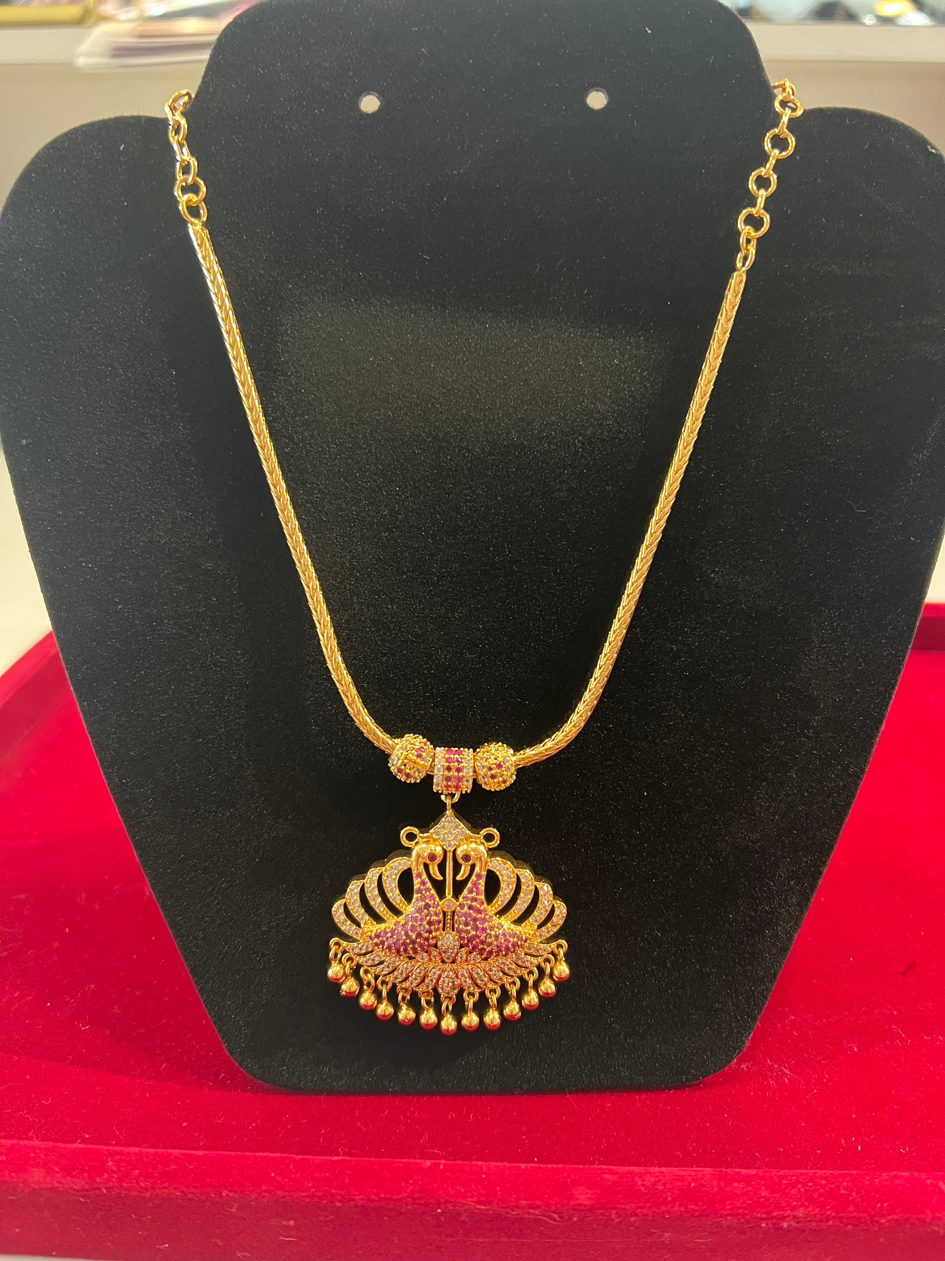 Stunning White and Red Stones Gold Plated Peacock Design Necklace For Women 