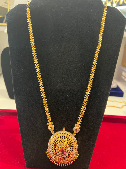 Elegant White And Red Stones Gold Plated Long Chain For Women
