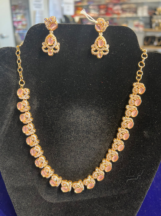 Fantastic Light Pink And White Color Gold Plated Necklace For Women