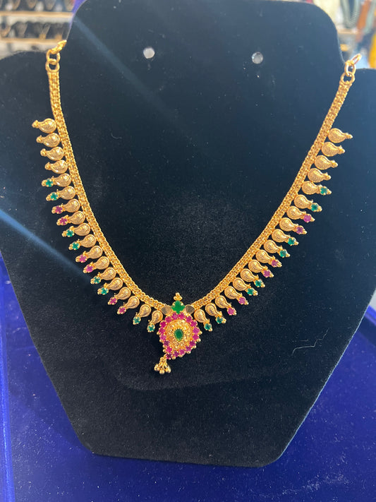 Traditional Gold Plated With Red And Green Stones Necklace For Women