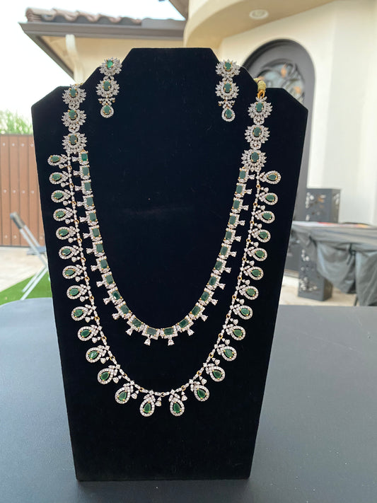 Elegant Green Stoned Two Layer American Diamonds Necklace With Earrings