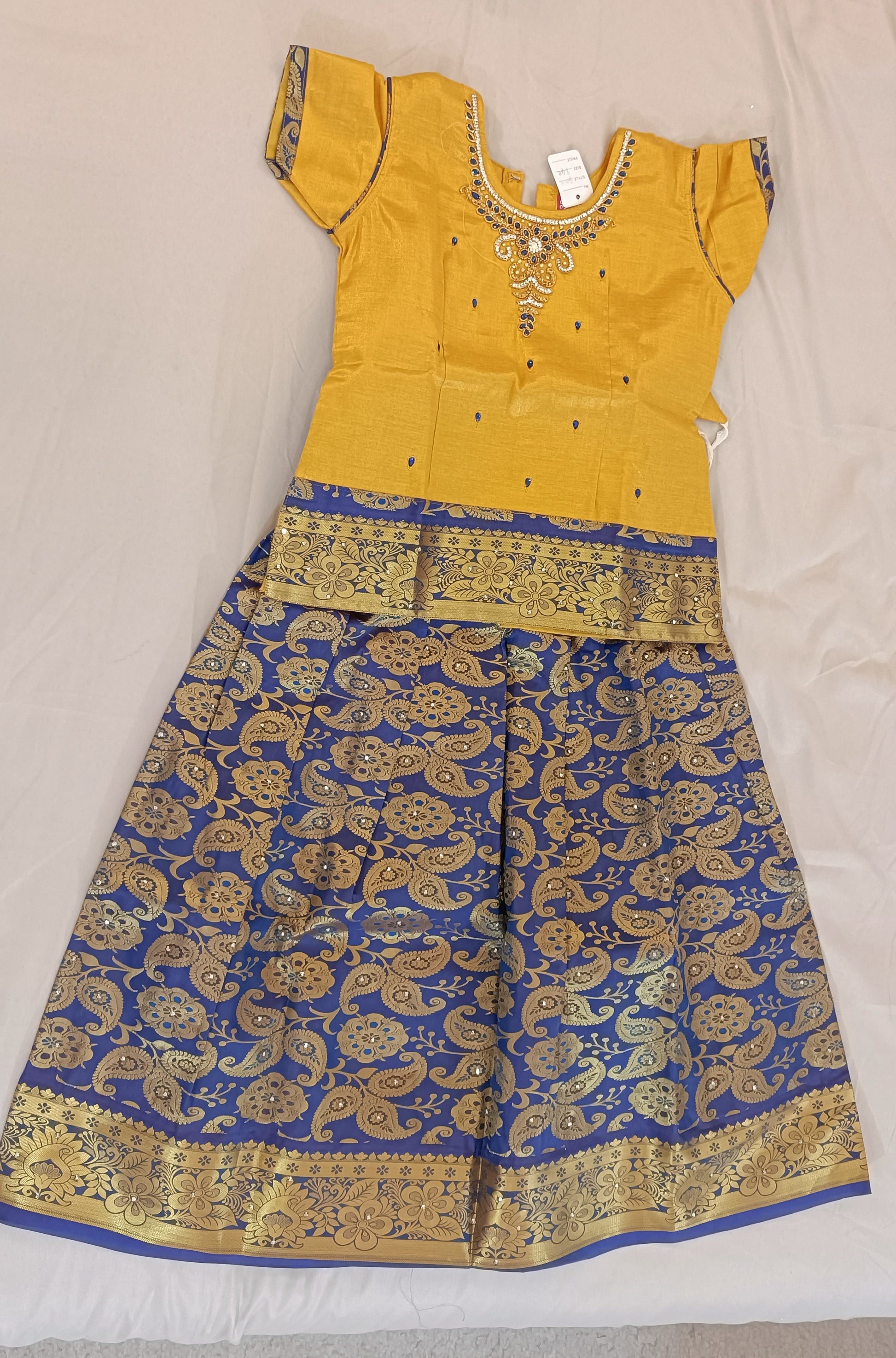 Attractive Blue Color Embroidery And Stone Work Silk Langa Set For Kids