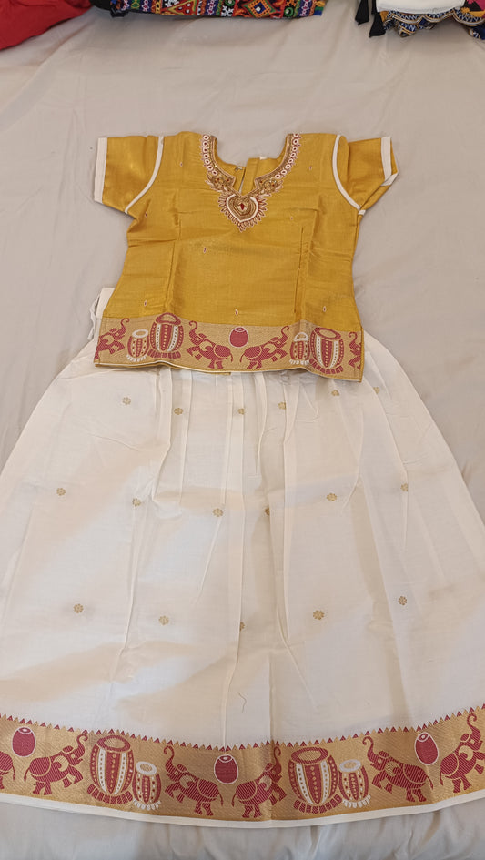 Gorgeous Yellow Color Embroidered And Stone Work Silk Langa Set