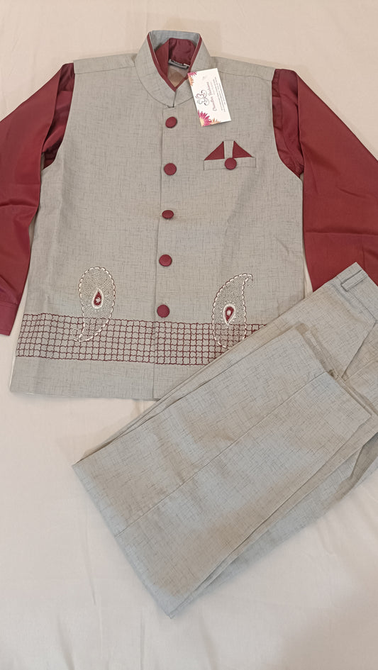 Charming Maroon Color Silk Cotton Kurta Set For Kids