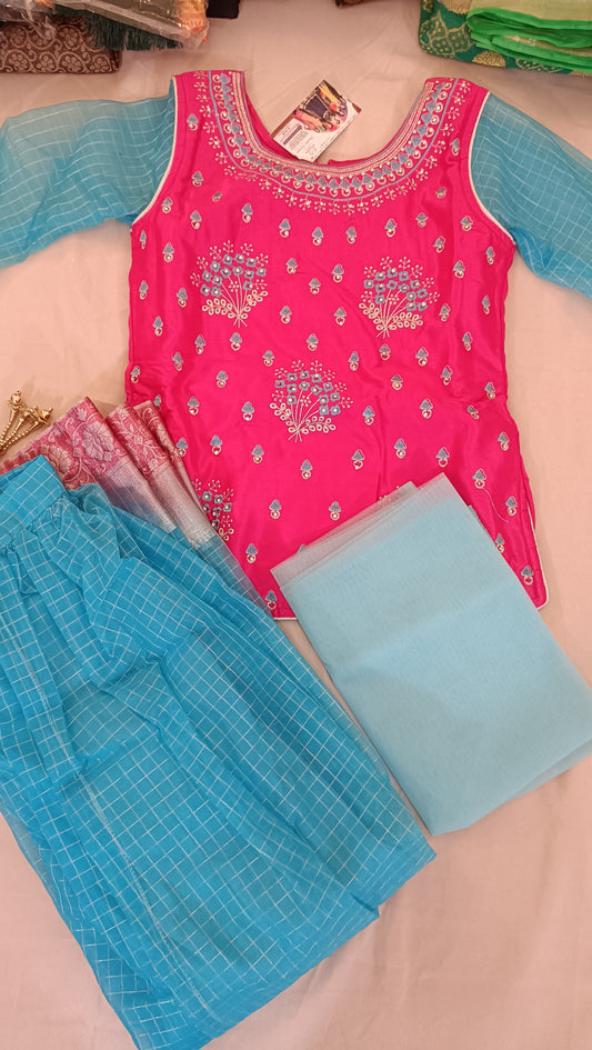 Beautiful Pink and Blue Lehanga Set With Dupatta For Kids