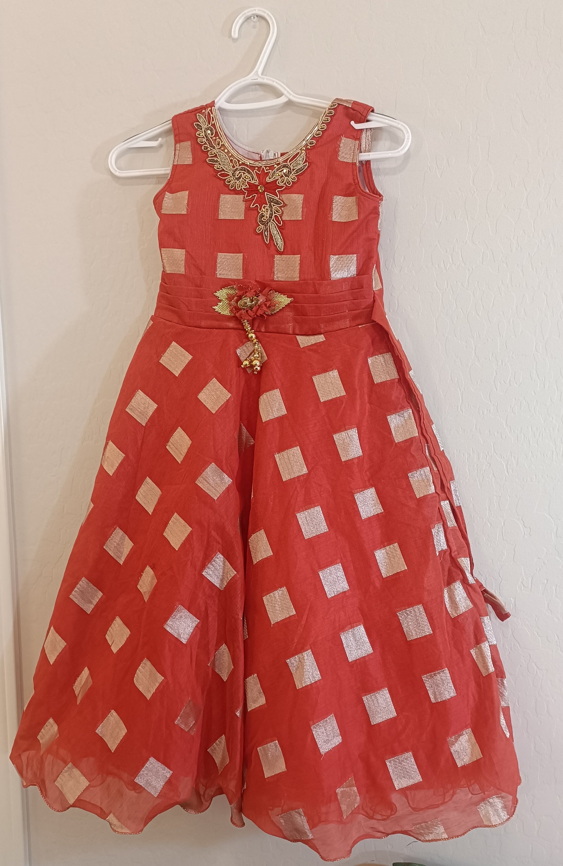 Fabulous Red Color Gown For Girls With Embroidery Work And Gold Detailing
