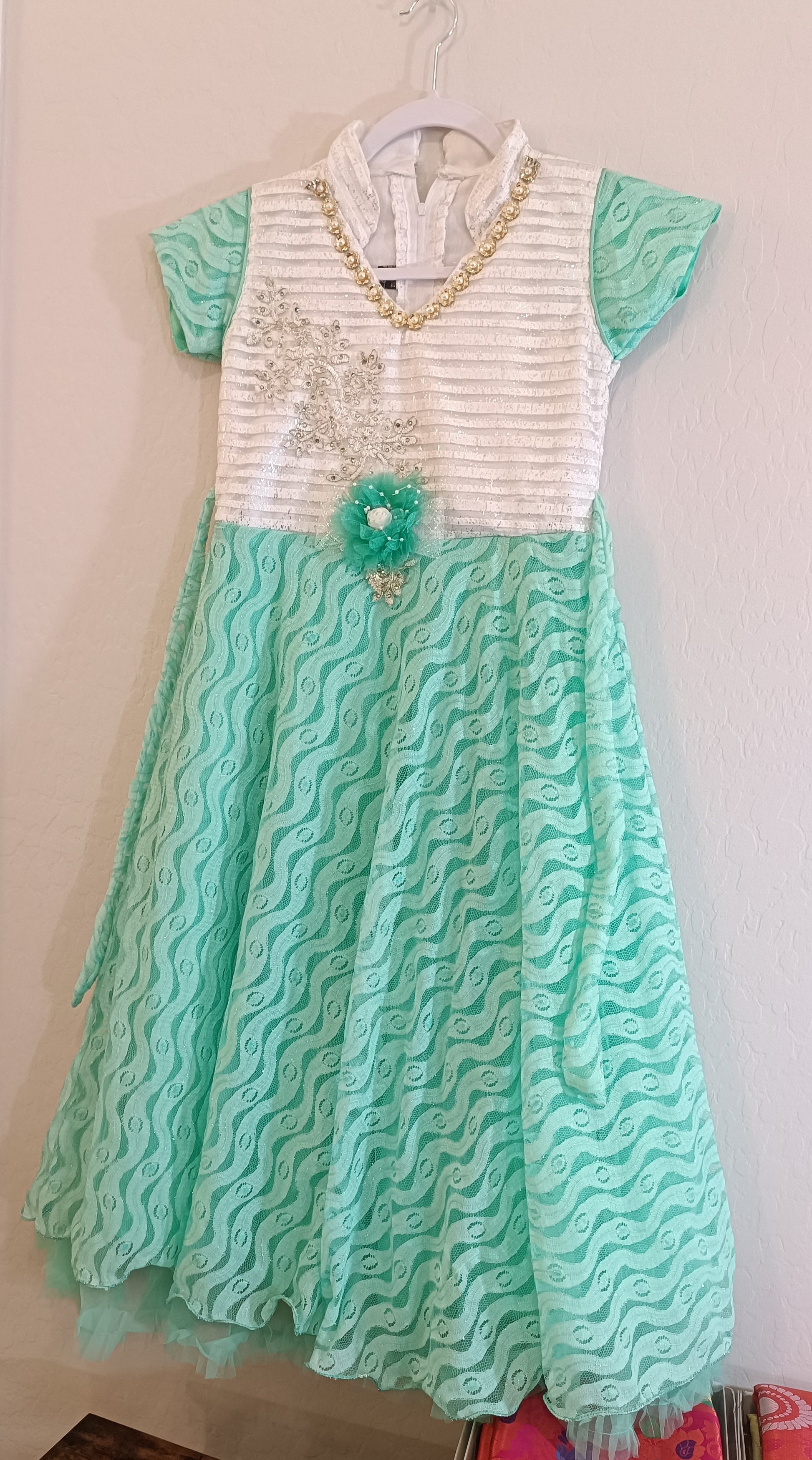 Attractive Green And White Kids Party Wear Frock