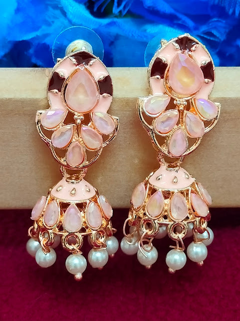 Alluring Peach Color Antique Gold Earrings For Women 