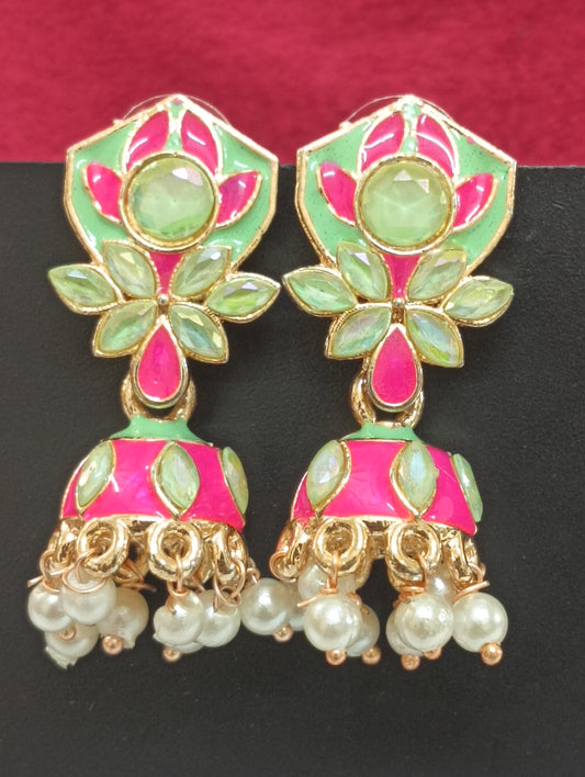 Beautiful Light Green and Magenta Color Stone Worked Earrings