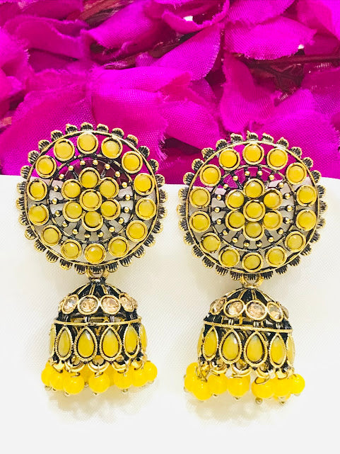 Delightful Yellow Colored Stone Work Jhumka Earrings For Women