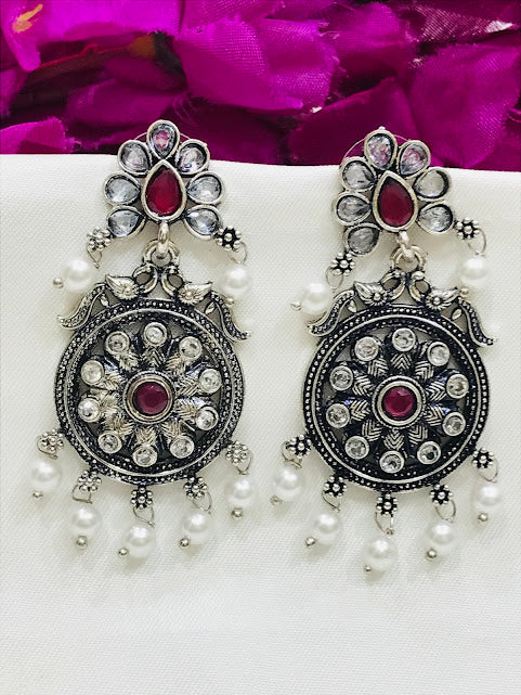 Appealing Oxidized Stone And Beaded Work Earrings For Women