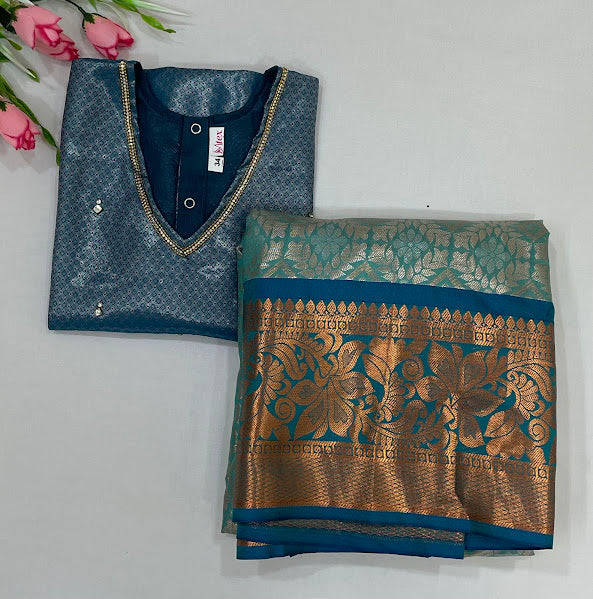 Stunning Blue And Green Color Art Silk With Zari And Stone Work Langa Sets Near Me