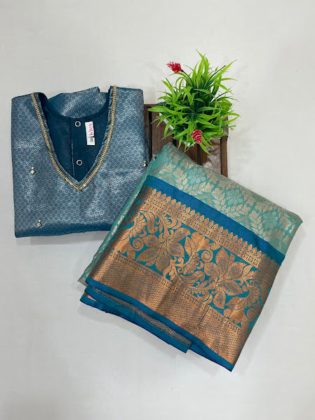 Blue And Green Color Art Silk With Zari And Stone Work Langa Sets In USA