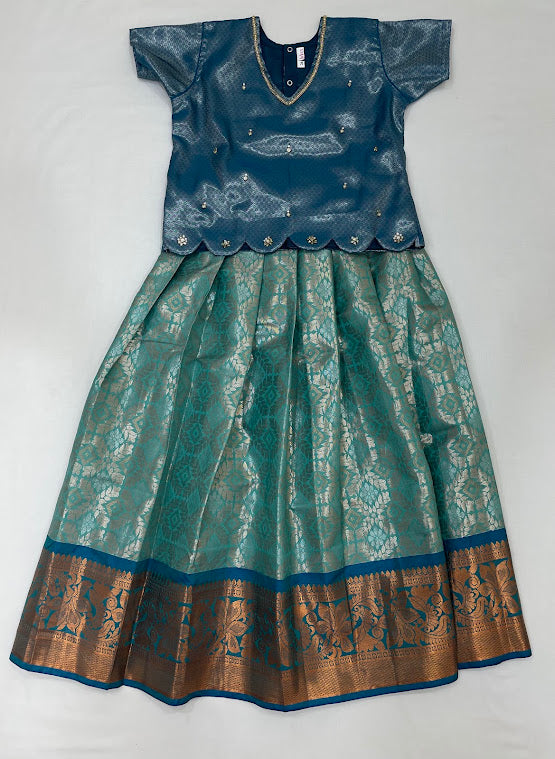 Stunning Blue And Green Color Art Silk With Zari And Stone Work Langa Sets For Girls