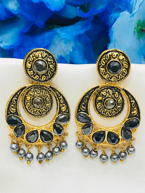 Gorgeous Grey Colored Antique Gold Earrings For Women