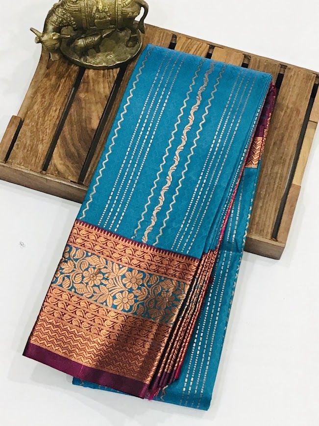 Teal Blue Color Art Silk With Contrast Border Unique Design Saree In Near Me