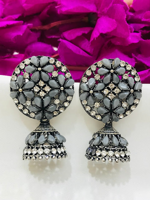 Appealing Grey Colored Stone Work Oxidized Earrings For Women