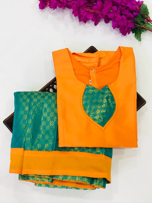 Fabulous Green Color Designer Silk Langa Set With Zari Work For Girls In USA