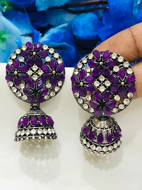 Lovely Purple Color Oxidized Jhumka Earrings With Glittering Stones For Women