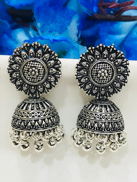 Graceful Silver Color Oxidized Jhumka Earrings With Beads For Womens