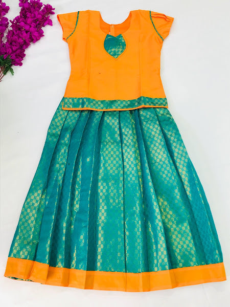 Fabulous Green Color Designer Silk Langa Set With Zari Work For Girls