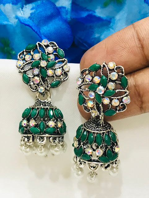 Attractive Green Color Oxidized Jhumka Earrings With Beads And Stones