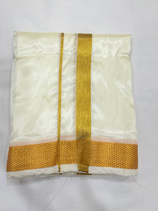 Elite Cream Color Pure Silk With Golden Zari Border Dhoti For Men