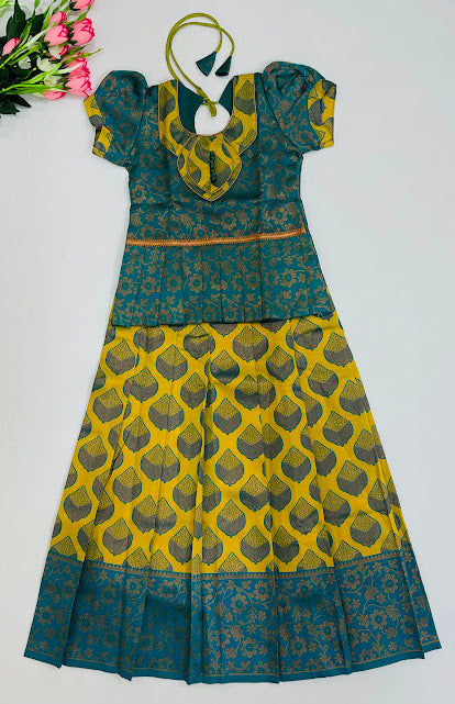 Charming Rama Green And Yellow Color Silk Langa Set With Zari Work For Girls