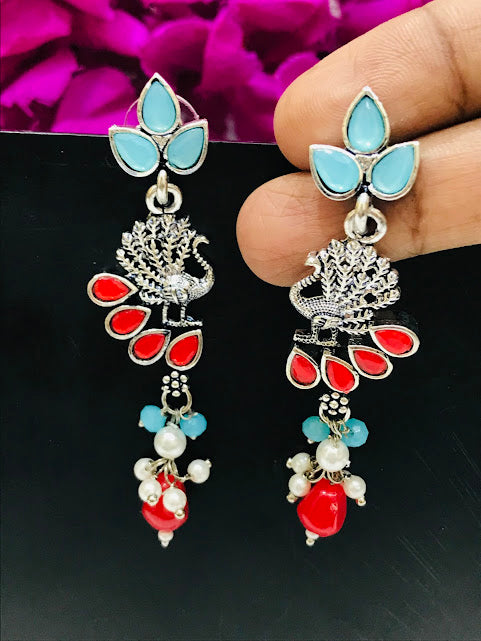 Appealing Multicolor Beaded And Stone Work Oxidized Earrings Near Me