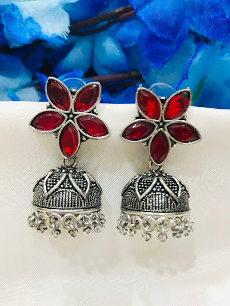 Elegant Red Colored Flower Design Oxidized Earrings For Women 