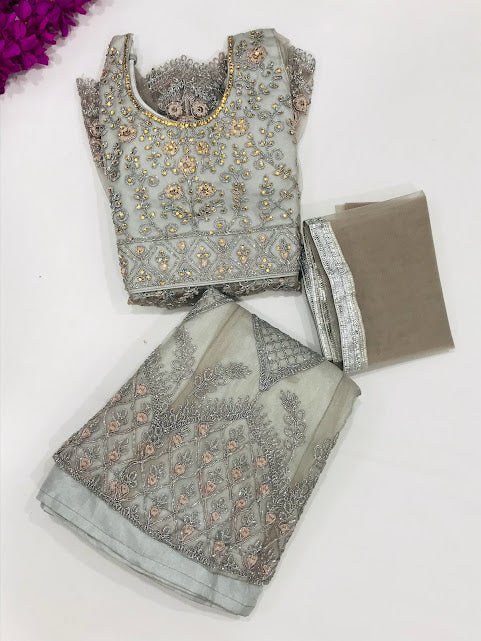 Dazzling Gray Colored Net Embroidery And Sequins Work Girl Choli Sets