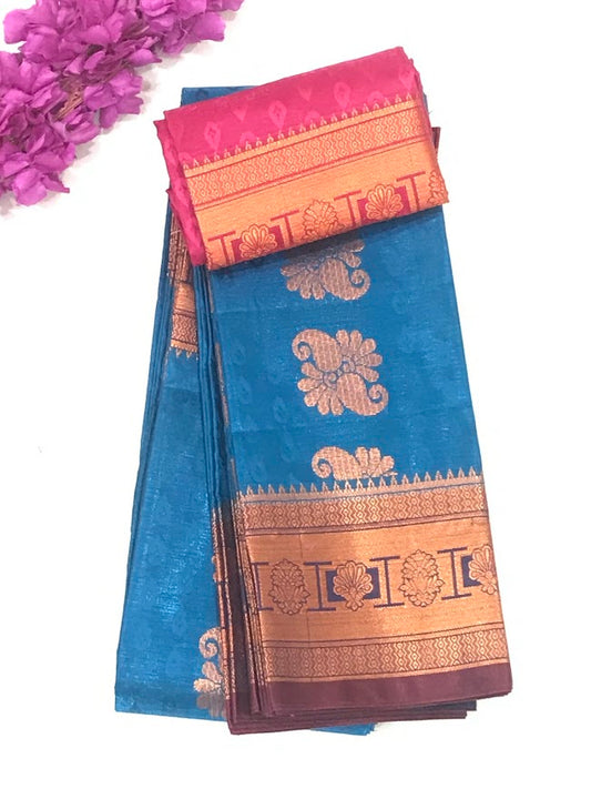 Attractive Blue Colored Art Silk Saree With Contrast Blouse For Women