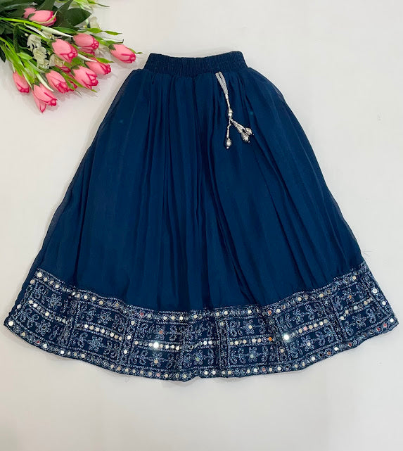 Alluring Teal Blue Color Georgette With Embroidery And Mirror Work Girls Choli Sets