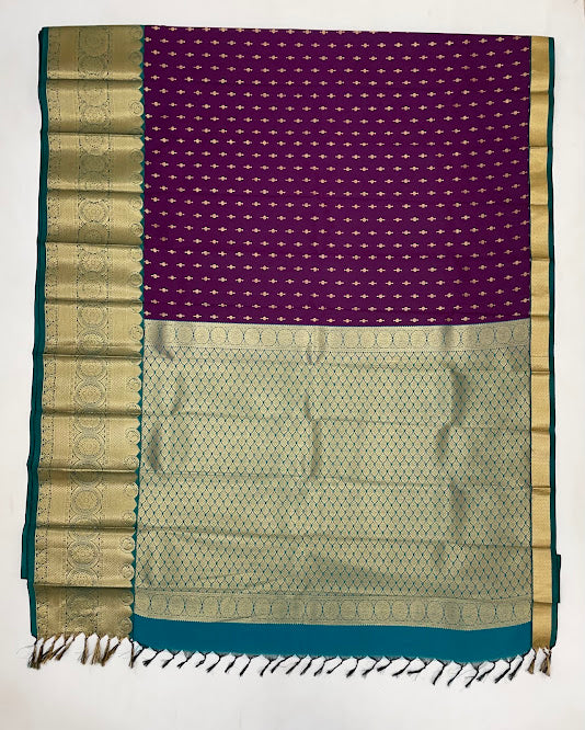Dark Purple Color Pure Kanchi Silk With Green Color Traditonal Motifs Border And Gold Zari Work Saree In Chandler