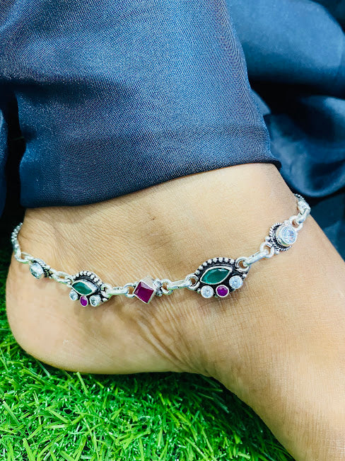 925 Antique Silver Multicolor Stone Anklet -11 Inches In Chandler