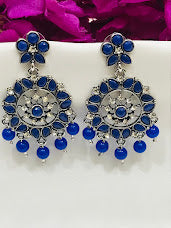 Attractive Blue Color Oxidized Stone And Beaded Work Earrings