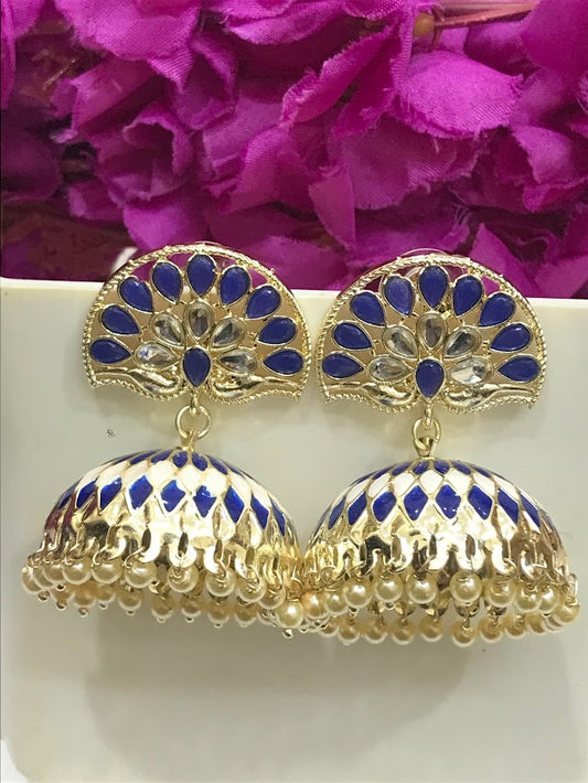 Appealing Blue Colored Gold Plated Jhumka Earrings For Women