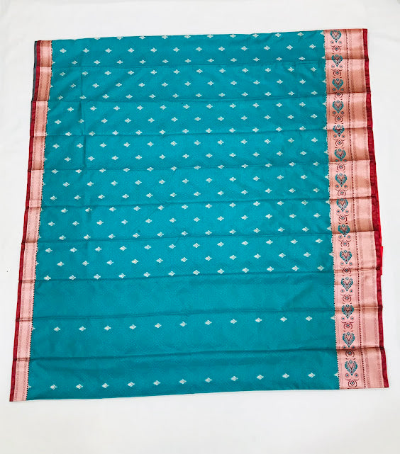 Rama Green Color Art Silk With Contrast Border Unique Design In Chander