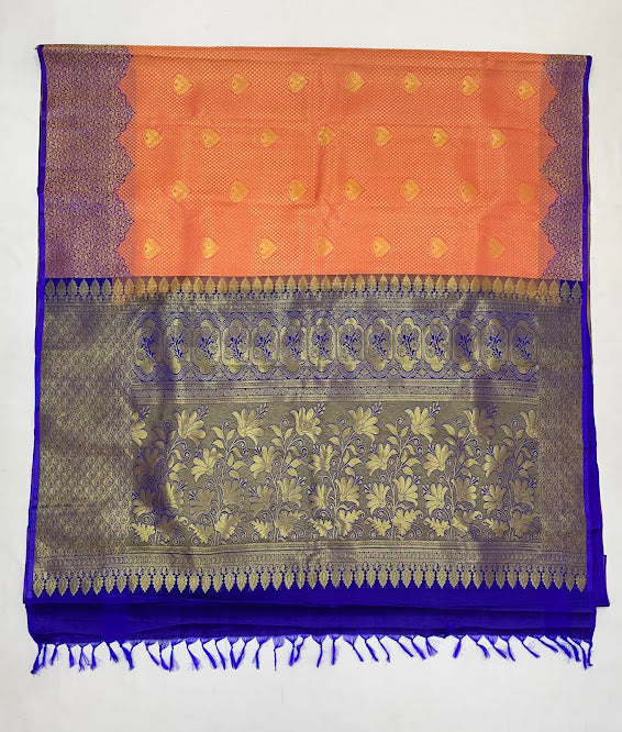 Peach Color Pure Kanchi Silk With Gold Zari Work Saree In Mesa