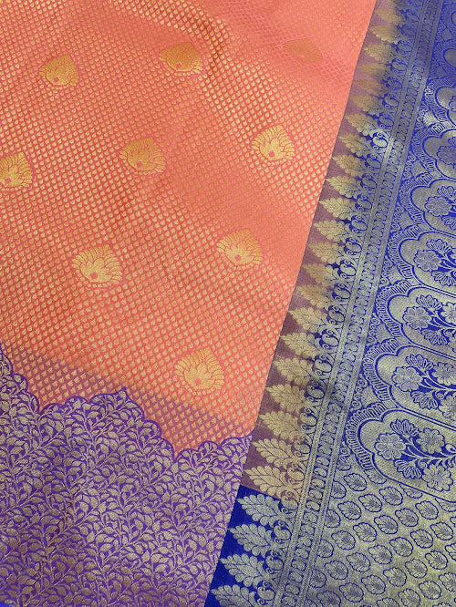 Peach Color Pure Kanchi Silk With Gold Zari Work Saree In Surprise