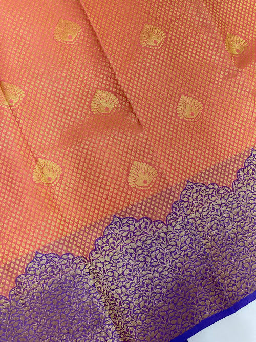 Peach Color Pure Kanchi Silk With Gold Zari Work Saree In Suncity
