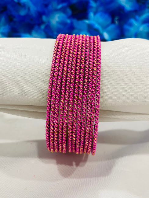 Lovely Pink Color Plain Lehar Dot Printed Gold Plated Bangle With Glitters